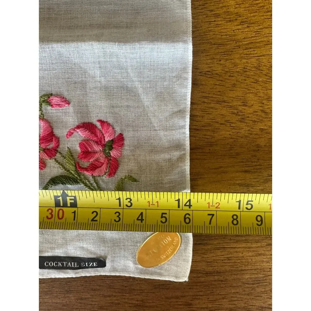 Vintage 1950s Swiss Cotton Cocktail Napkin Embroidered Floral NOS